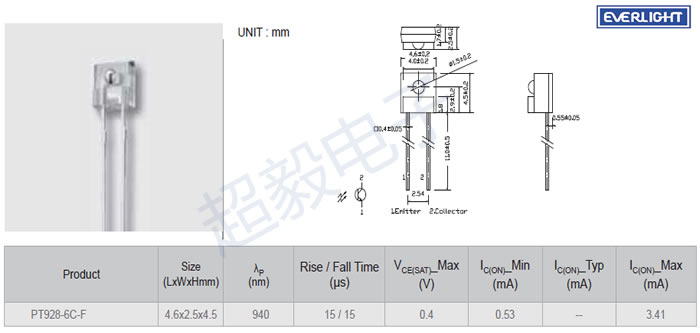 红外线接收管PT928-6C-F参数与尺寸