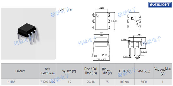 亿光小尺寸封装光耦H11B3尺寸与参数