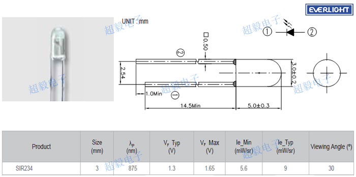 亿光红外线发射管SIR234尺寸