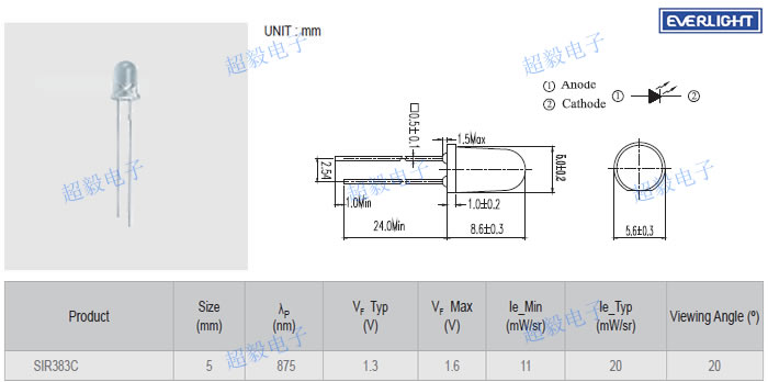亿光5mm红外线发射管SIR383C尺寸