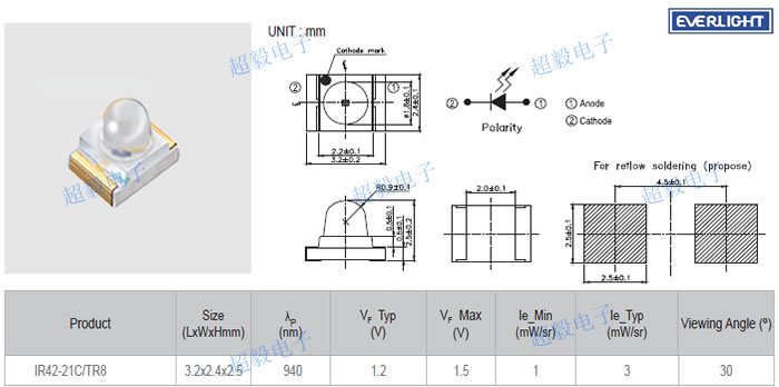 亿光贴片红外线发射管IR42-21C/TR8尺寸