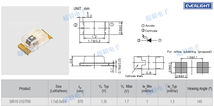 亿光贴片红外线发射管SIR19-315/TR8尺寸