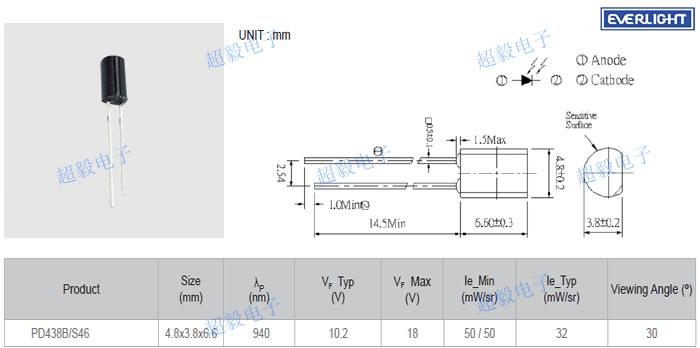 亿光小尺寸红外线接收管PD438B/S46尺寸