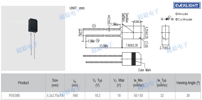 亿光红外线接收管PD638B尺寸