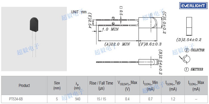 亿光直插红外线接收管PT534-6B尺寸