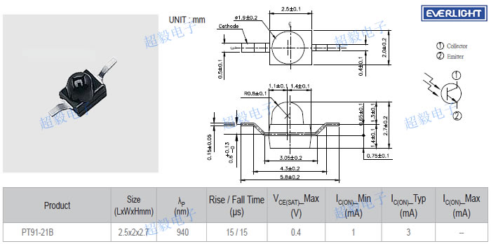 亿光贴片红外线接收管PT91-21B尺寸