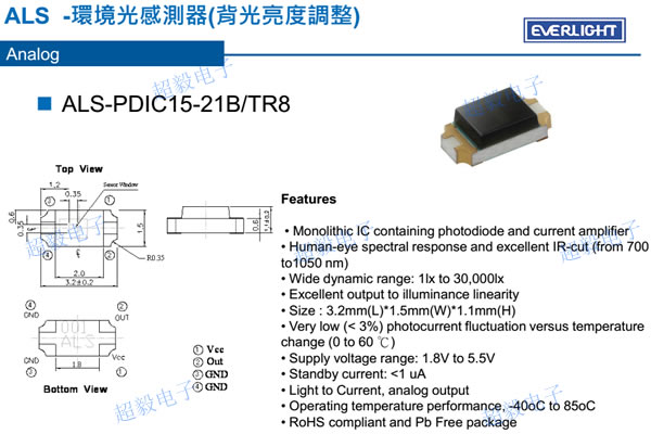 亿光环境光感测器ALS-PDIC15-21B/TR8的参数